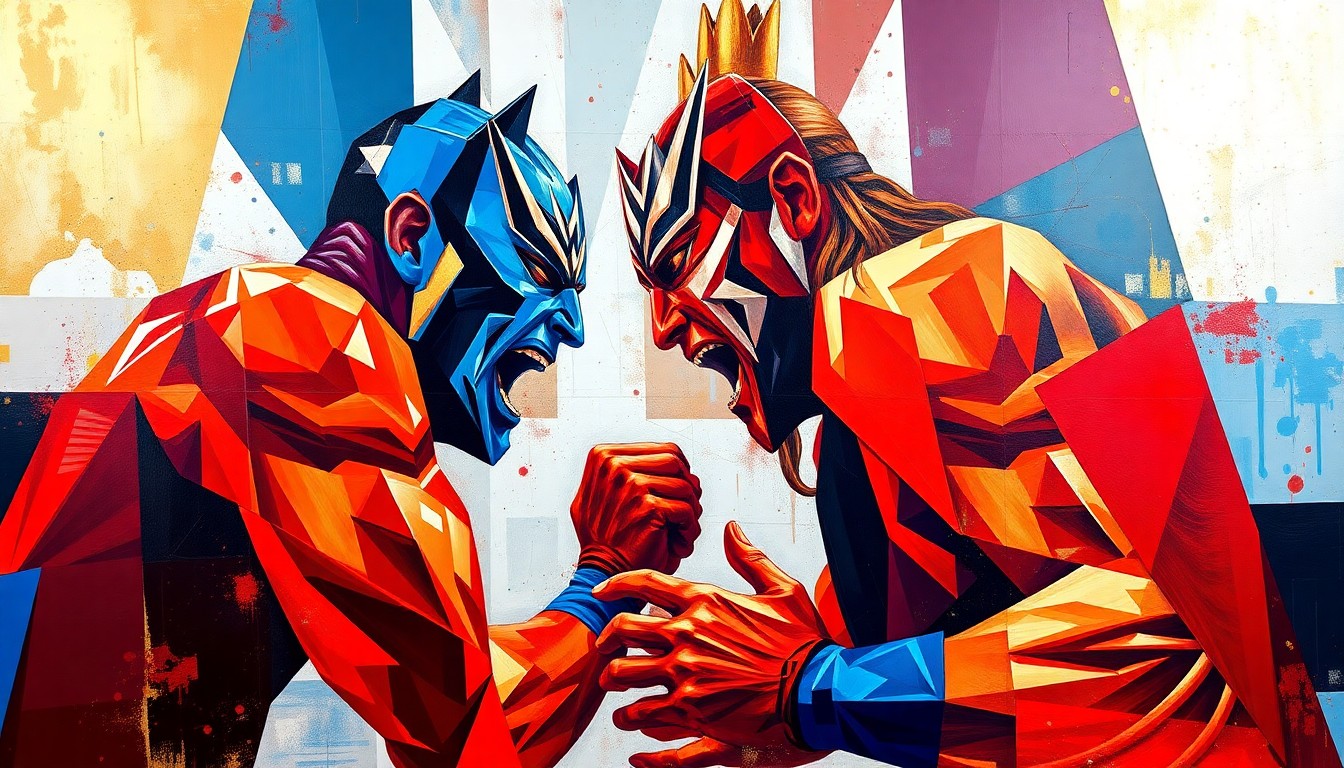 A fragmented, geometric painting depicting the chaotic movements and clashing of two wrestlers, rendered in a bold, abstract style that captures the raw energy of a WWE match.