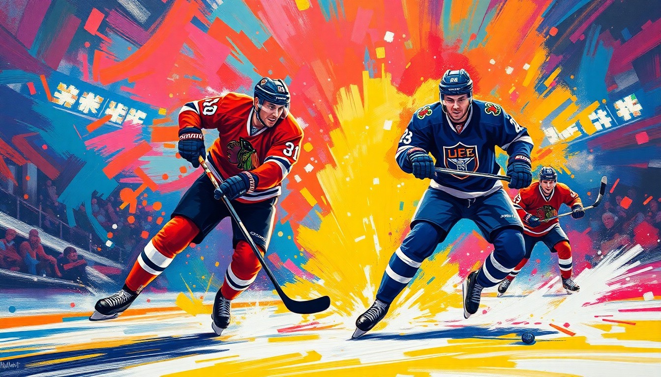 An abstract, expressionist painting featuring vibrant neon brushstrokes and splatters of color, capturing the raw intensity and athleticism of NHL players in action on the ice.