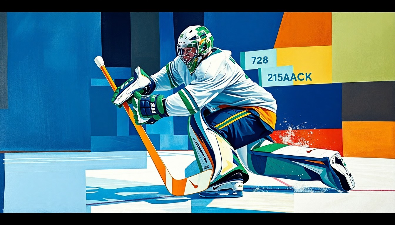 A fractured, cubist-style painting depicting a hockey goaltender making a save, with the player's equipment and the ice surface rendered in geometric planes of blue, green, and white tones.