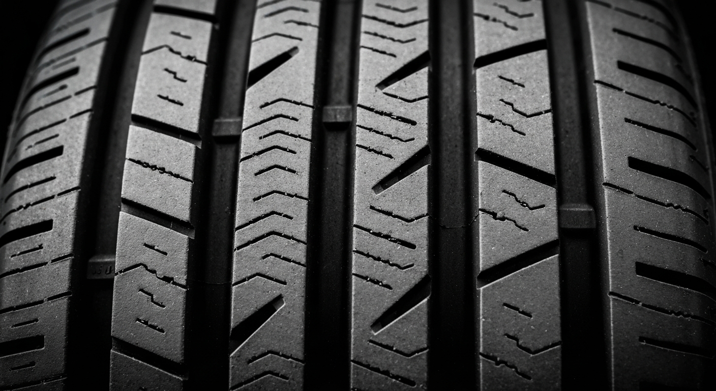 An extreme close-up photograph showcasing the intricate, pebbled texture of a Bridgestone Potenza tire tread, conveying the raw materiality and precision engineering of this crucial automotive component.