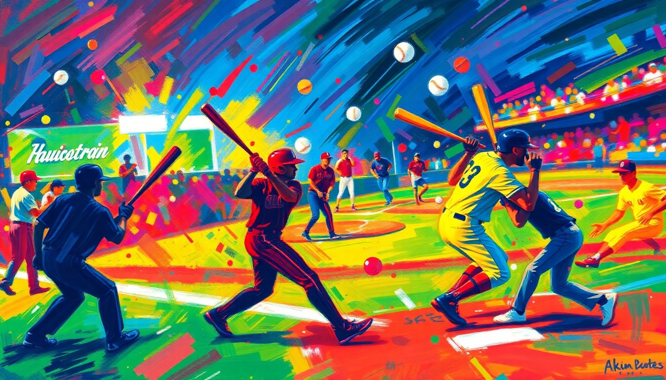 An abstract, expressionist painting in neon colors depicting the dynamic motion and energy of a baseball game, with bats, balls, and player silhouettes blending together in a vibrant, impressionistic style.