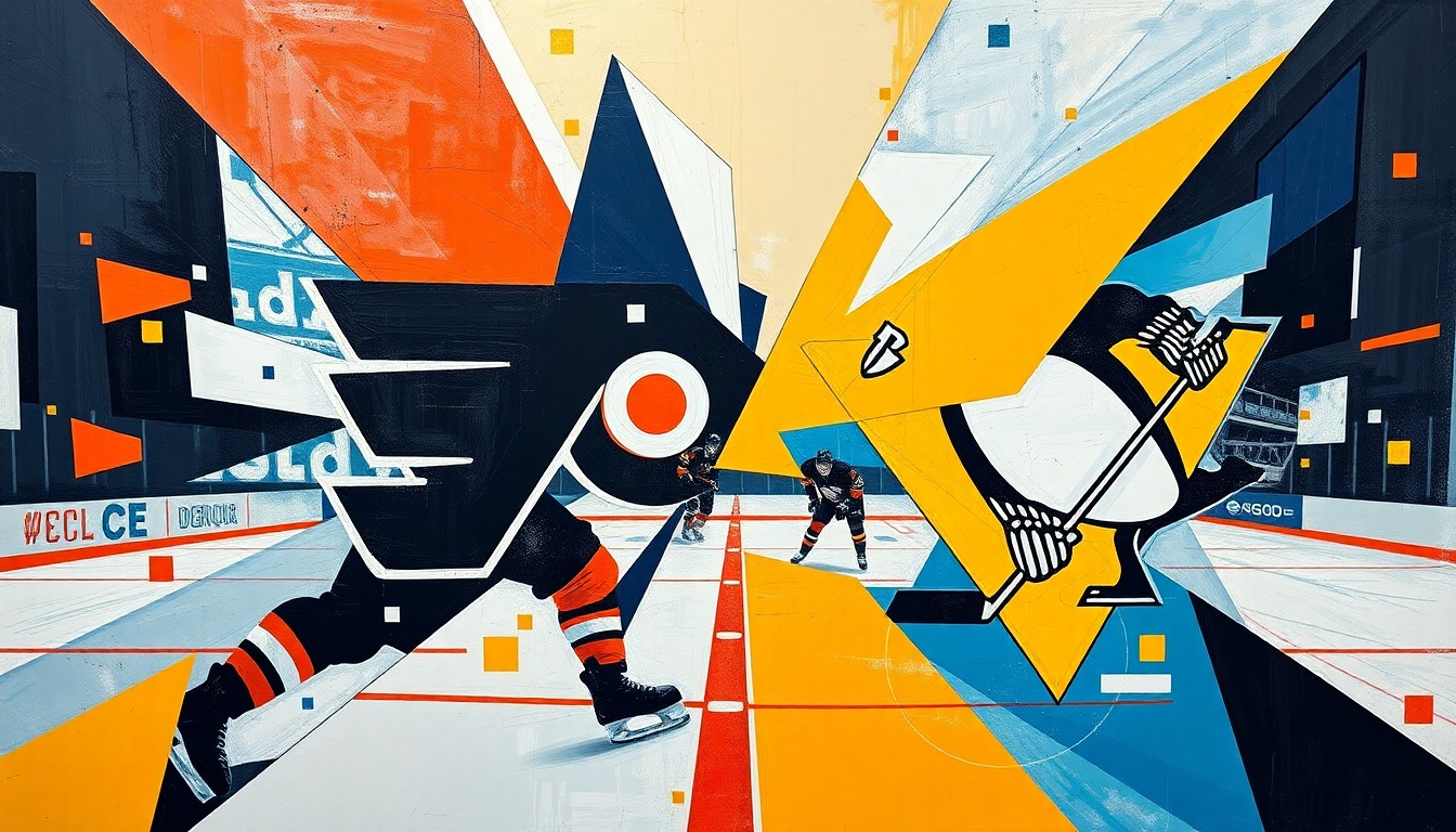 A fractured, multi-perspective painting depicting the action and energy of a hockey game, with sharp geometric shapes and planes in the colors of the Philadelphia Flyers and Pittsburgh Penguins, conceptually representing the intensity and competitiveness of the playoff matchup.