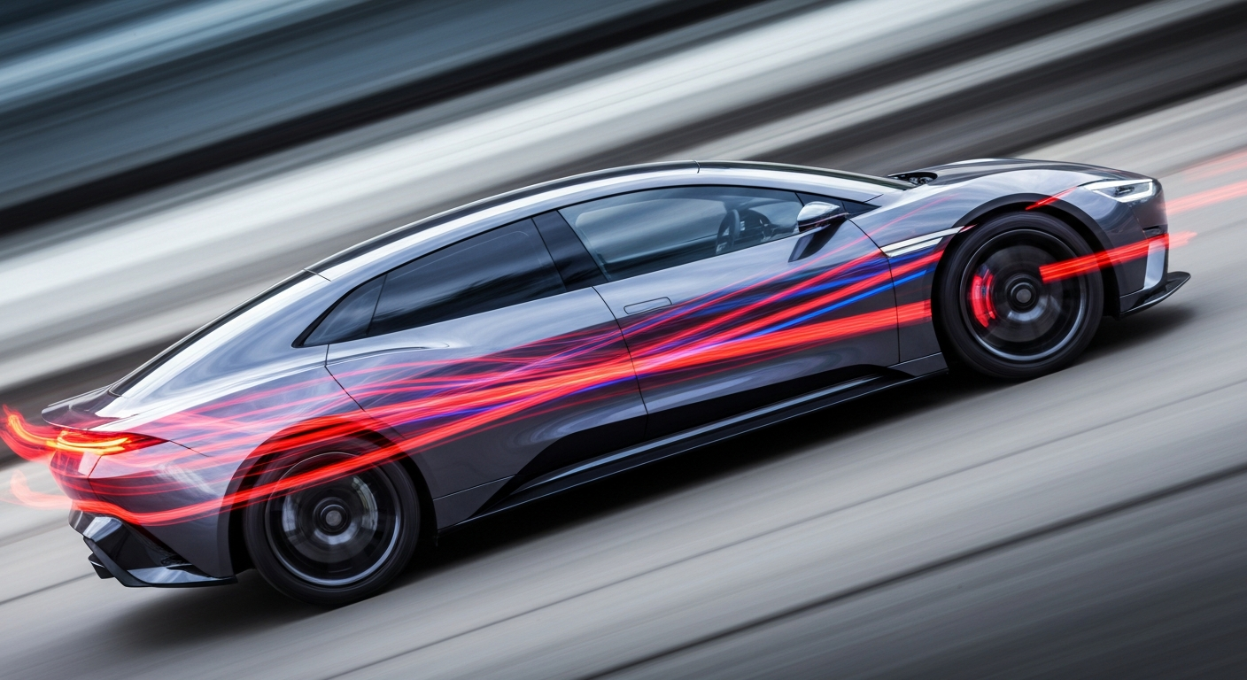 An abstract, colorful image depicting the blurred motion of a futuristic electric vehicle, conveying a sense of speed, innovation, and the evolving automotive landscape.