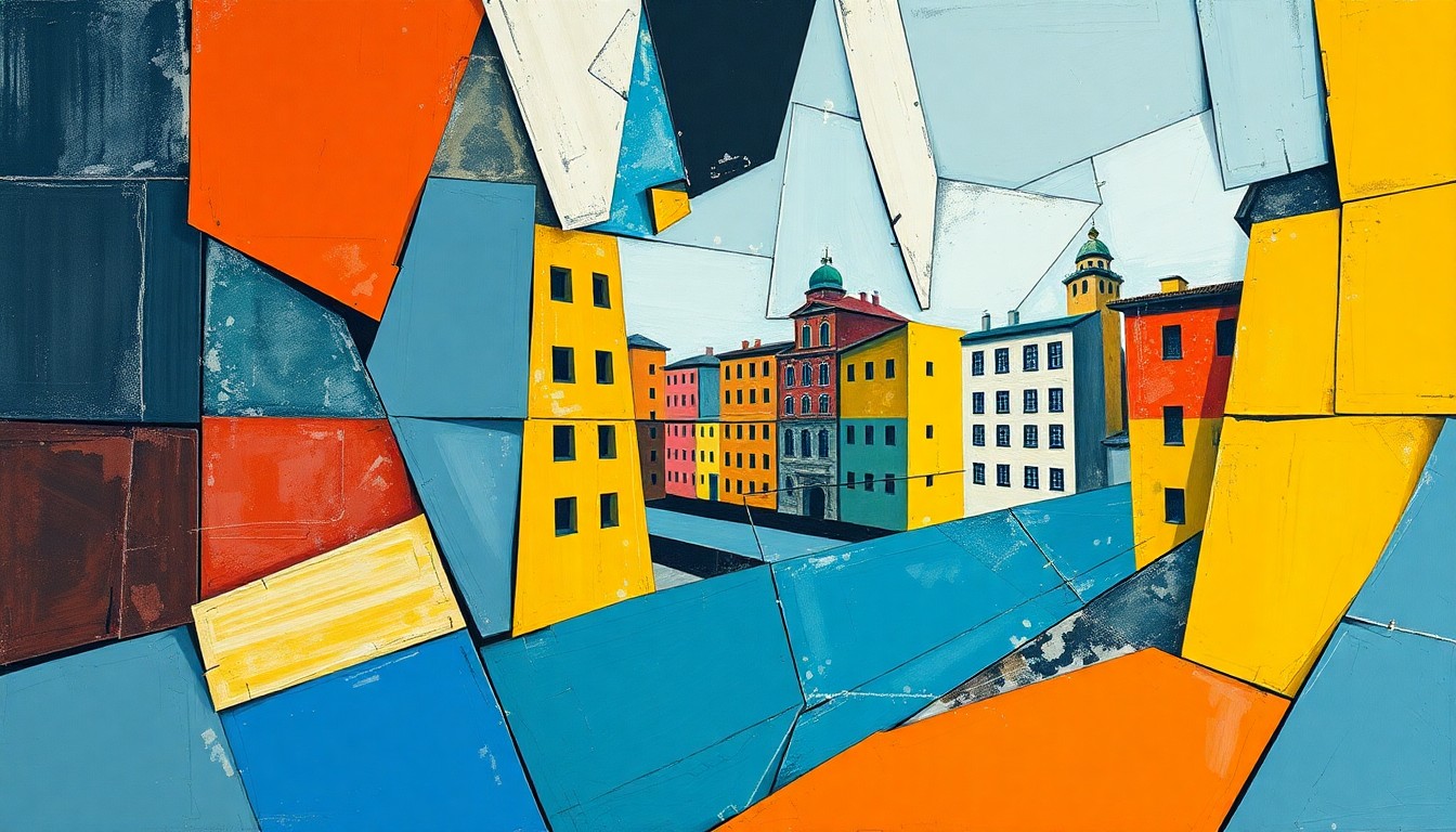 A fragmented, geometric painting in vibrant colors depicting the complex dynamics of remote work and its role in the modern job market.