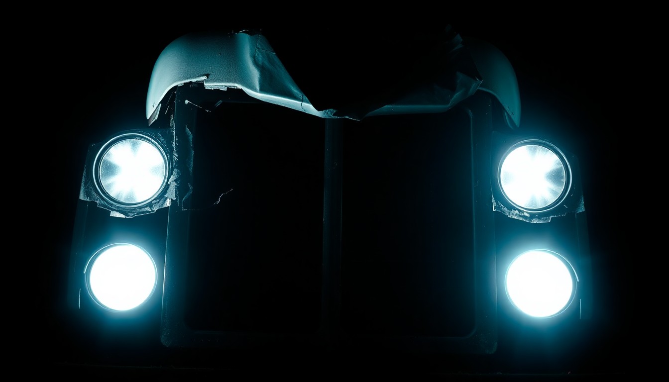 An extreme close-up photograph of a twisted, damaged metal guardrail component, conveying the violent impact of the semi-truck crash through its stark, textural details.