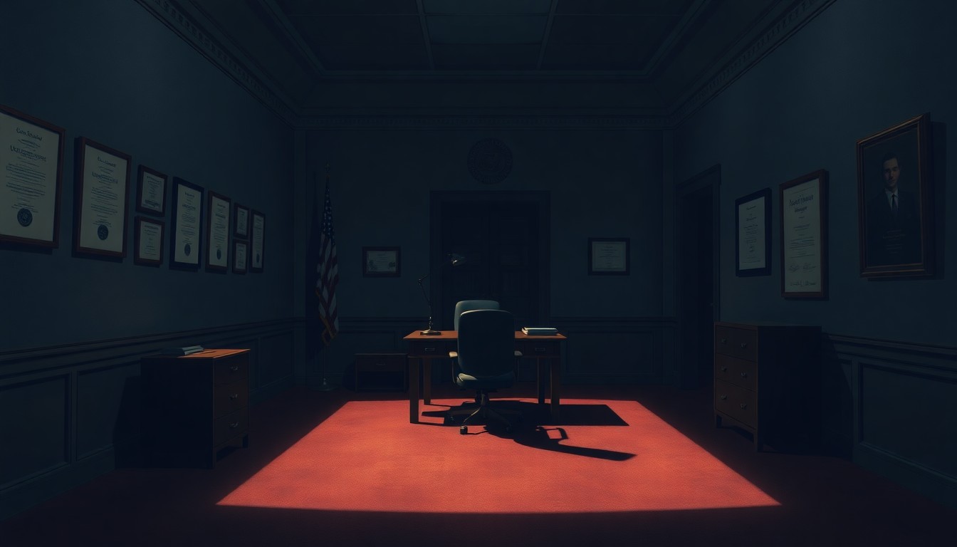 A moody, cinematic painting of a dimly lit government office with a lone desk and chair, the walls adorned with framed certificates and awards, casting long shadows across the room, conceptually illustrating the tension between a public official's personal life and their duty to serve the public.