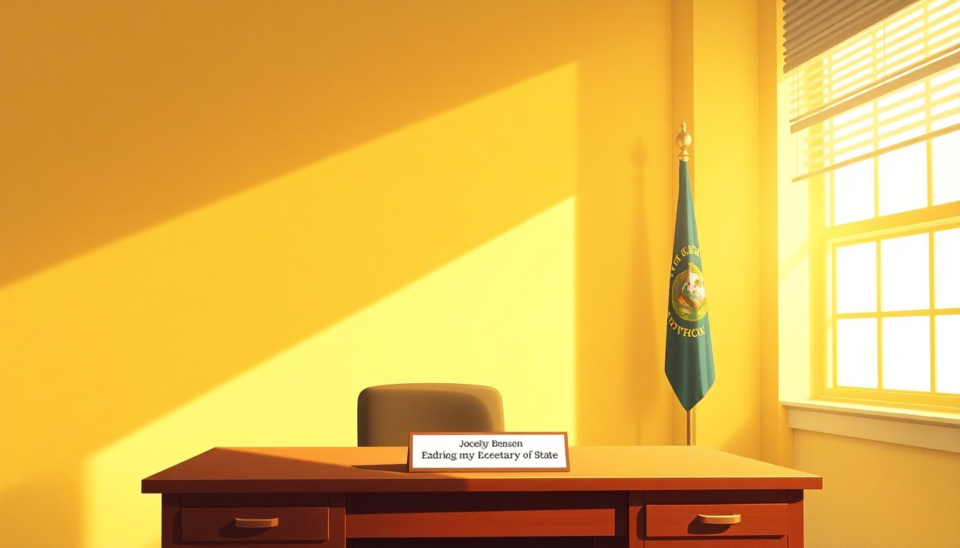 A solitary, well-lit office desk with a Michigan state flag and a nameplate, conveying a sense of quiet contemplation and civic duty.