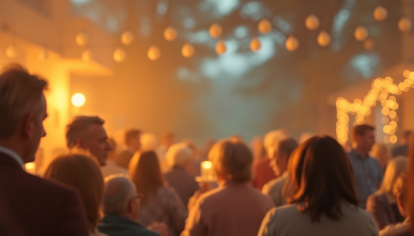 An abstract, impressionistic photograph in soft, blurred hues of orange, yellow, and green, evoking the mood of a community celebration of life.