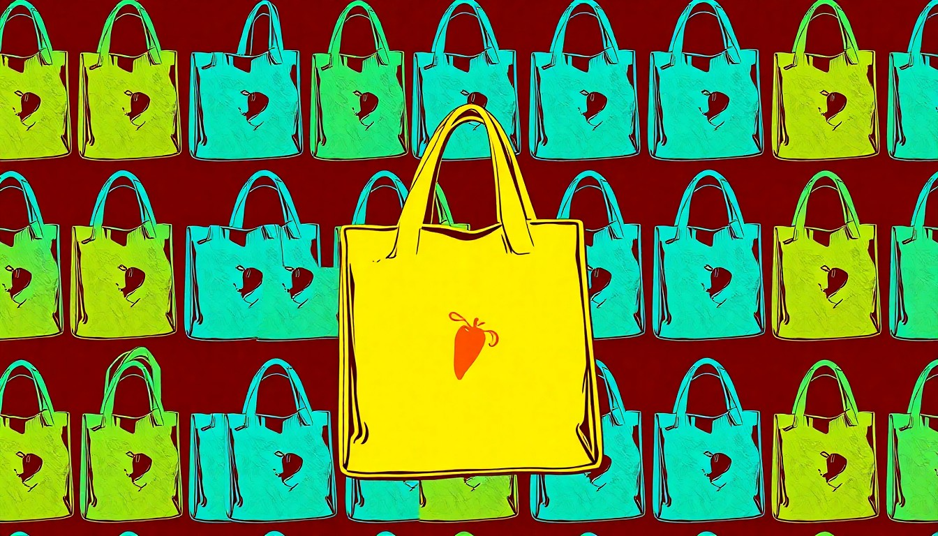 A brightly colored, high-contrast silkscreen print of a reusable grocery bag or organic produce item, repeated in a tight grid pattern, conceptually representing the joyful energy of a community festival.