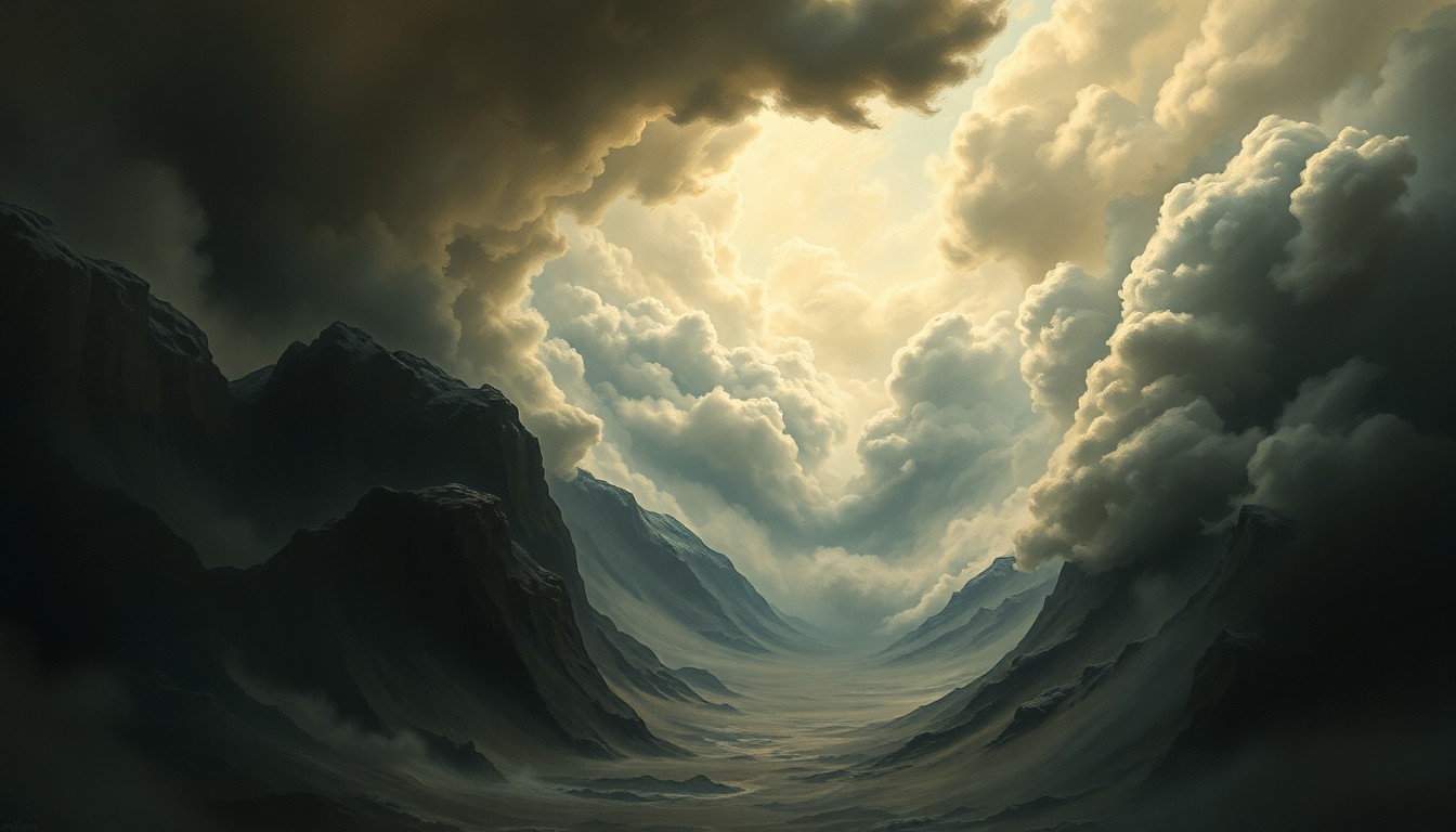 A vast, atmospheric landscape painting depicting a dramatic windstorm, with swirling clouds and gusts of wind dominating the frame and dwarfing any physical structures or objects in the scene.