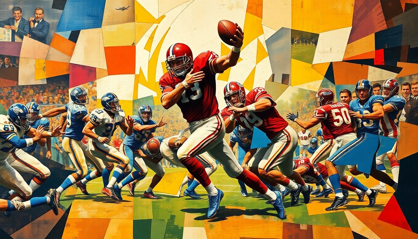 A fractured, geometric painting depicting the raw energy and violence of an early 20th century football game, with players' forms broken down into abstract shapes and planes of color.