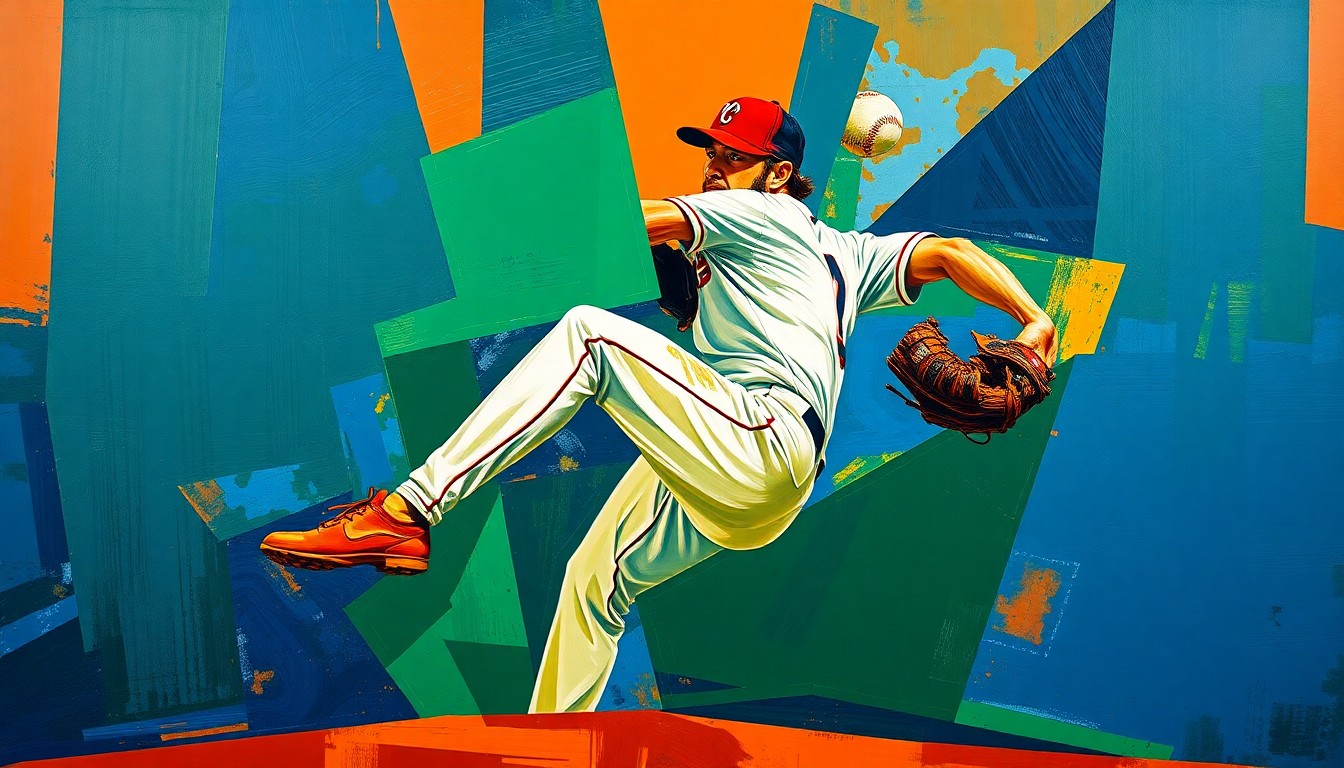 A fractured, multi-perspective painting depicting a baseball pitcher's motion and delivery, broken down into sharp, overlapping geometric planes in vibrant colors like navy blue, forest green, and burnt orange.