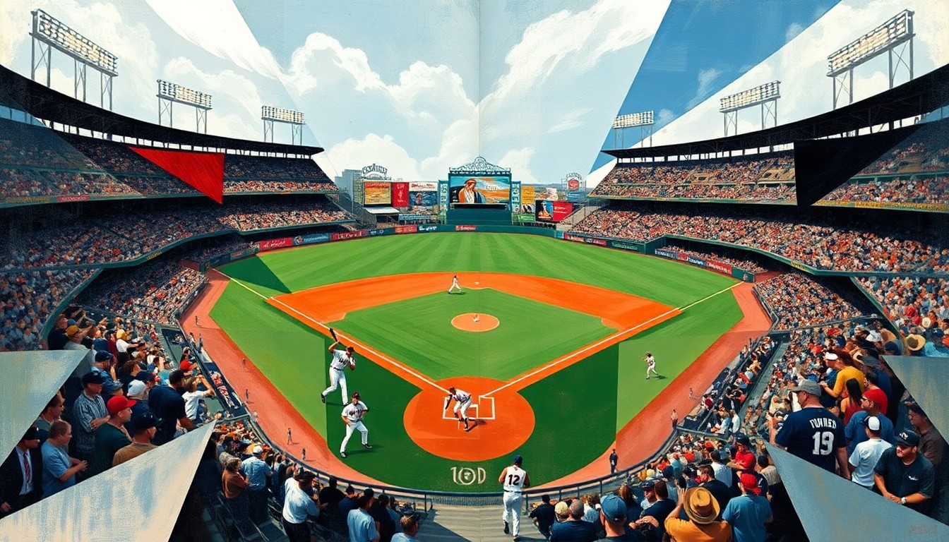 A fragmented, geometric painting in bold colors depicts the key moments of the Padres' 4-1 win over the Angels, with players and the field abstracted into angular shapes and planes.