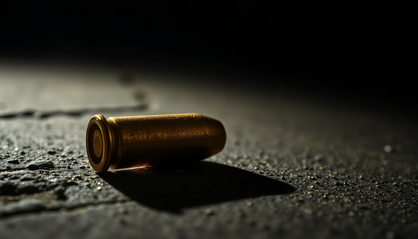 An extreme close-up of a shiny, metallic bullet casing resting on a rough, dark concrete surface, conceptually representing the physical remnants of a shooting incident.