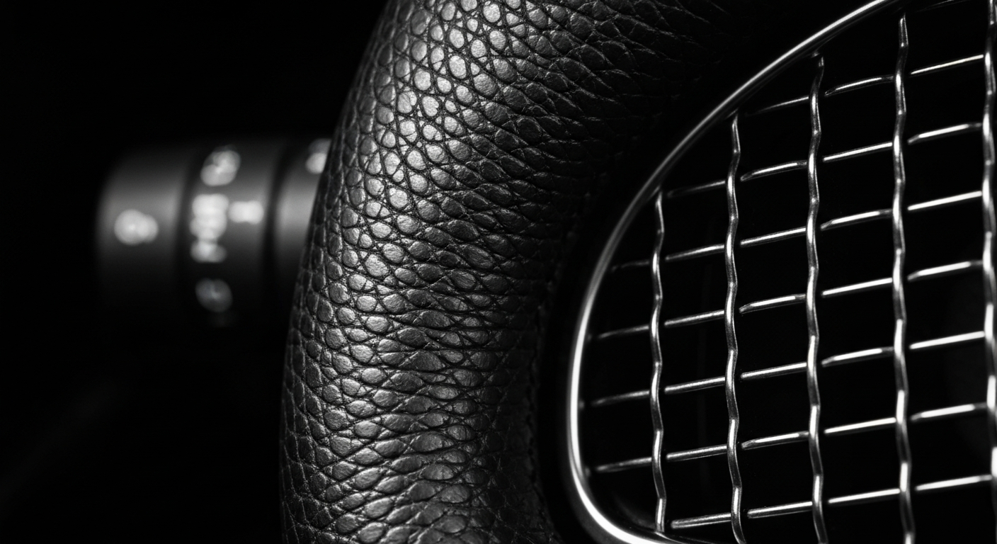 An extreme close-up photograph showcasing the intricate, textured patterns and materials of an automotive component, conveying the technological advancements transforming the news industry.