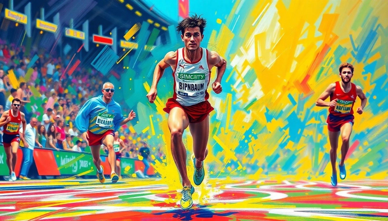An abstract, energetic painting featuring bold, neon-colored brushstrokes that convey the explosive movement and raw athleticism of a runner surging towards the finish line.