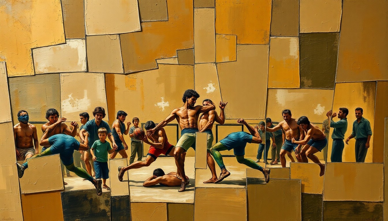 A fragmented, geometric painting depicting the chaotic movements and shifting perspectives of a freestyle wrestling match, rendered in earthy tones of olive, ochre, and sienna.