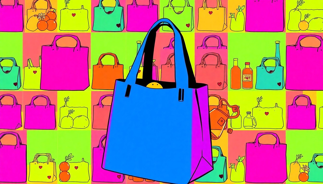 A brightly colored, high-contrast silkscreen print of a reusable grocery bag repeated in a tight grid pattern, conceptually representing the iconic lifestyle products and community values of a long-standing natural food cooperative.