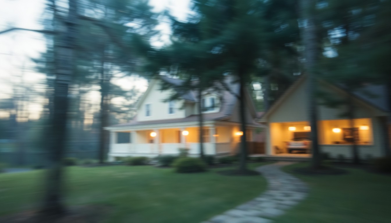 An impressionistic, out-of-focus photograph depicting the soft, warm glow of a home surrounded by a verdant, wooded landscape, conveying a sense of peaceful seclusion and natural beauty.