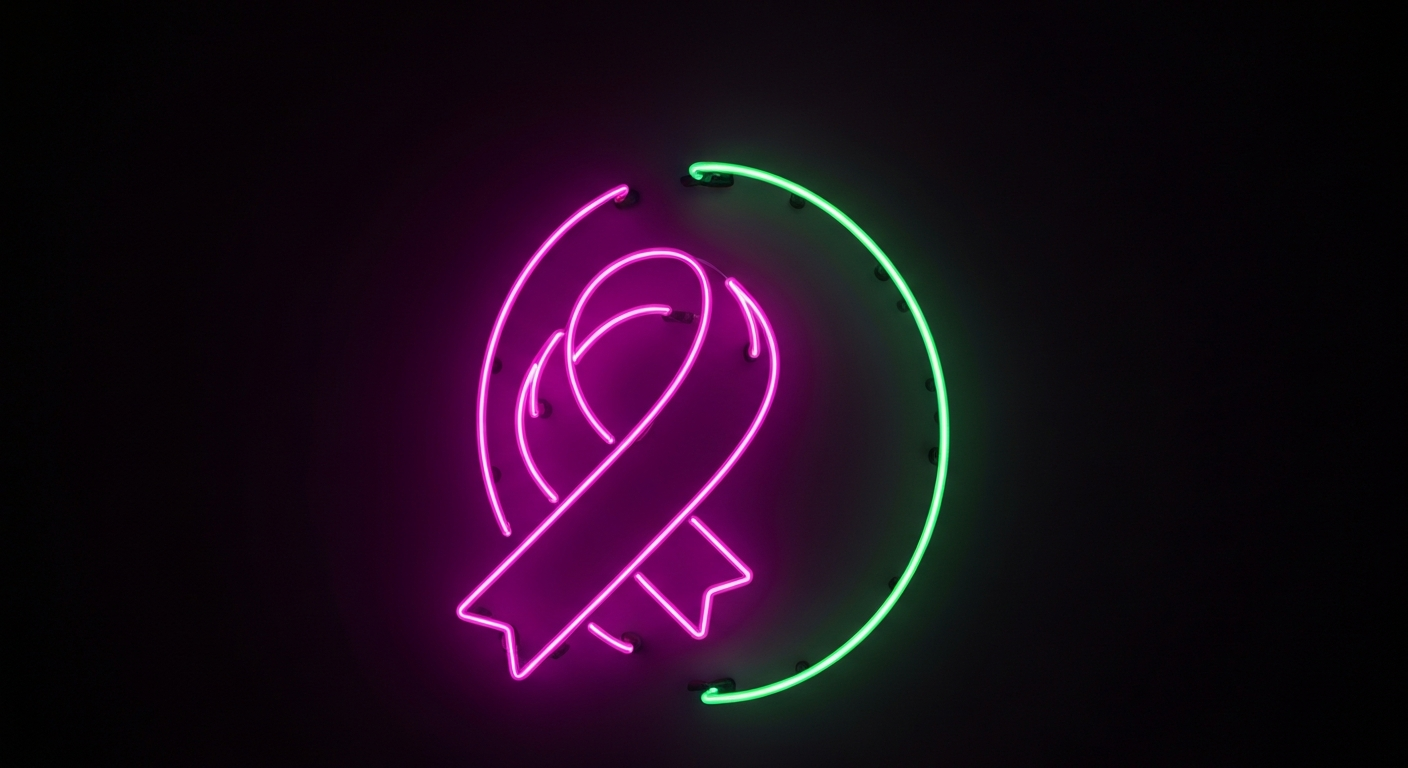 A vibrant, neon outline of a large breast shape glowing against a dark background, conveying the strength and spirit of a woman overcoming cancer.