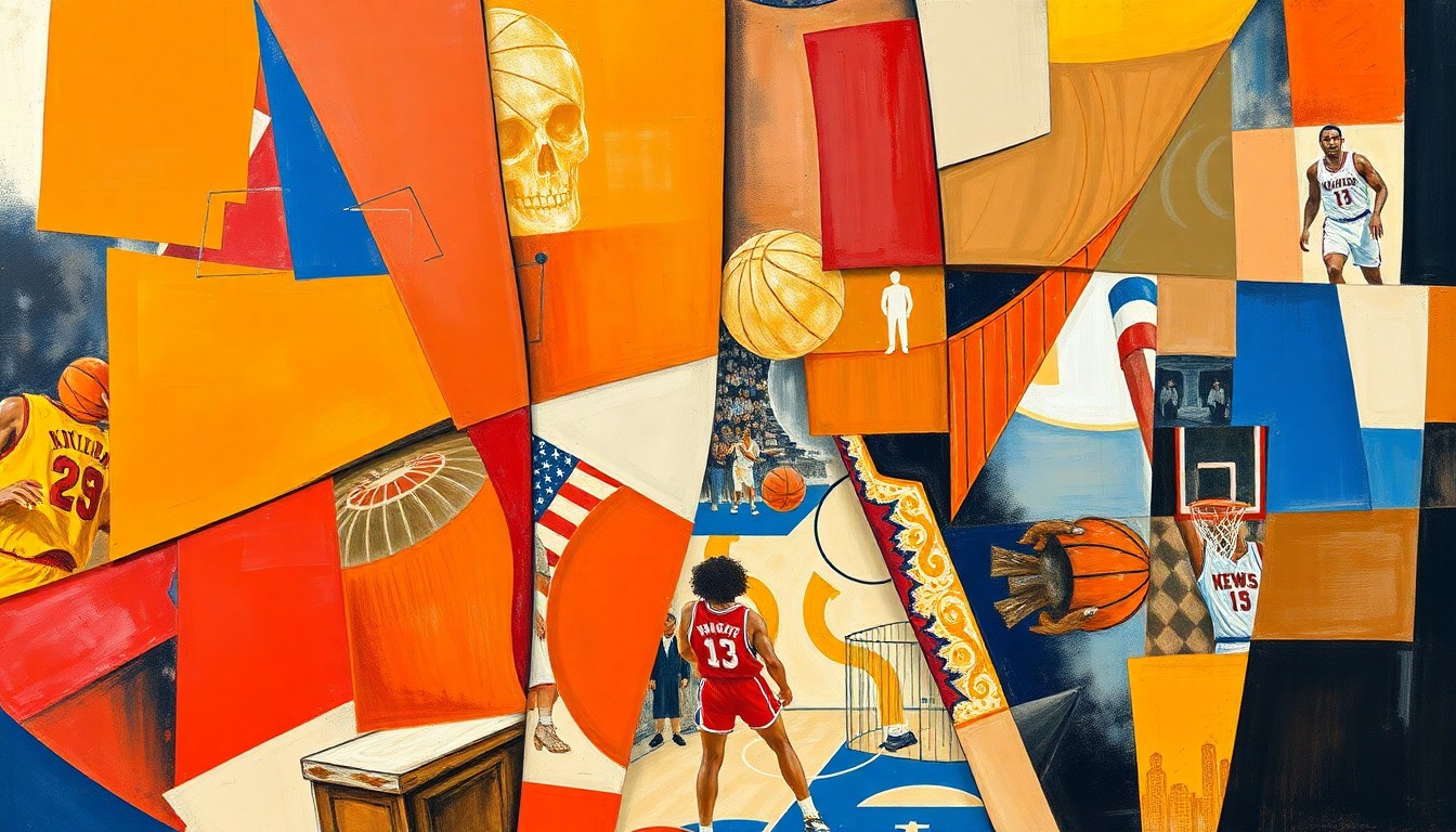 A fragmented, cubist-style painting depicting the action and energy of a basketball game, with sharp geometric shapes and planes of orange, red, and neutral colors representing the players, court, and crowd.