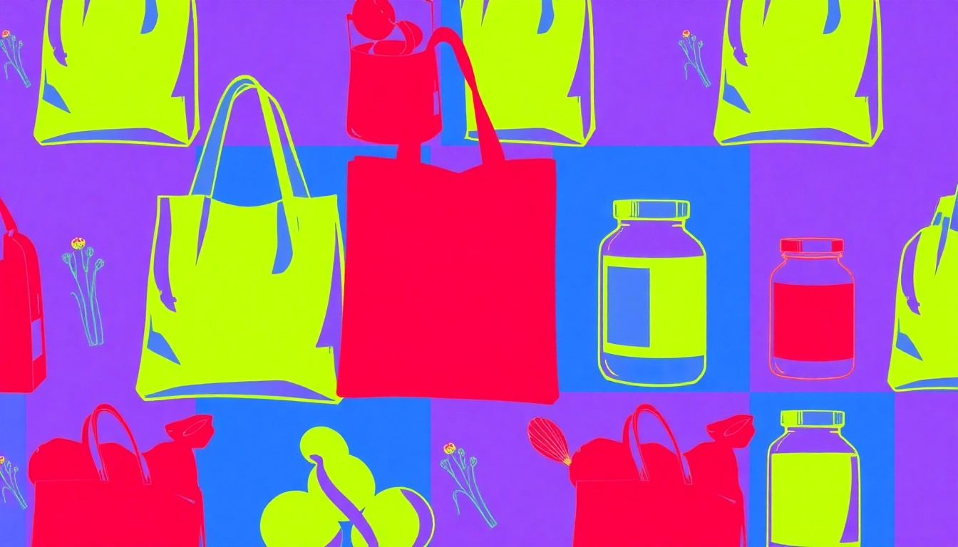 A brightly colored, high-contrast silkscreen print of a reusable grocery bag, repeated in a tight grid pattern, conceptually representing the joyful energy of a community festival.