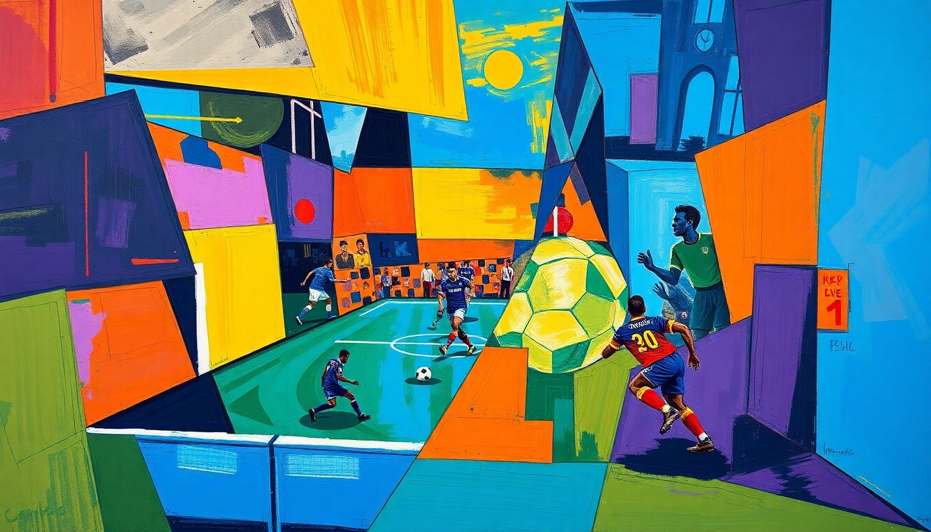 A fractured, cubist-style painting depicting a soccer match, with players and the ball represented as sharp, overlapping geometric shapes in a vibrant color palette of blues, oranges, and purples.