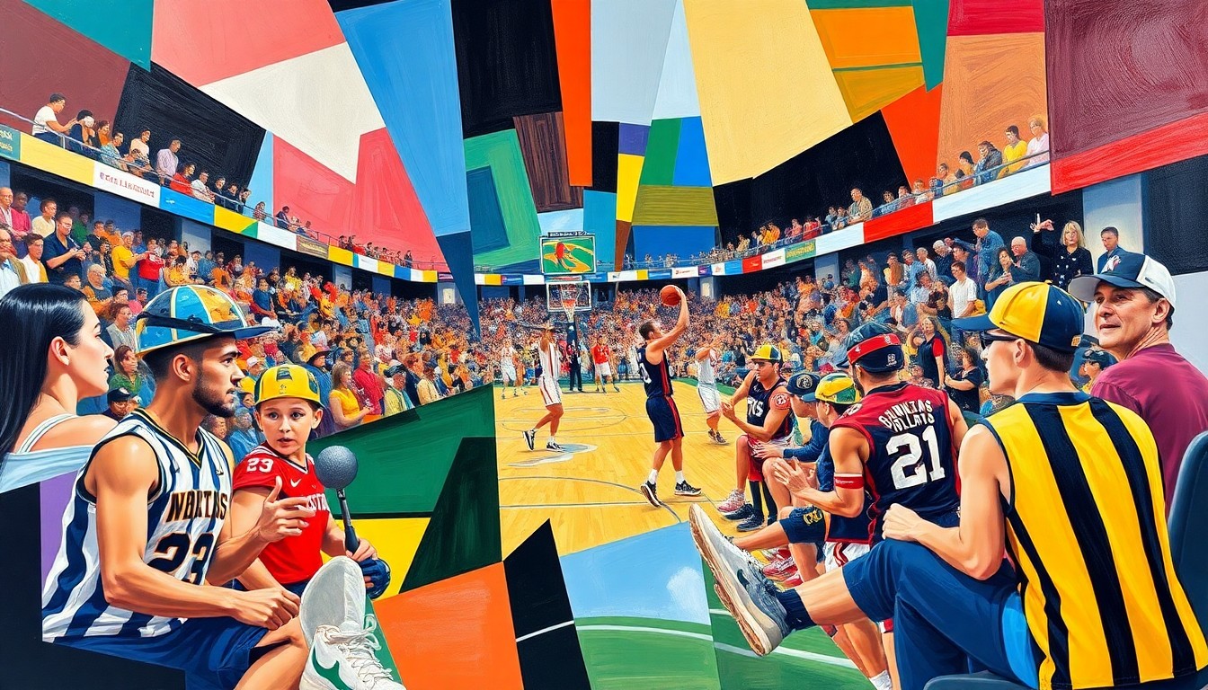 A fragmented, geometric painting depicting a sports game or match, with sharp, overlapping planes of color representing the various elements of the event.