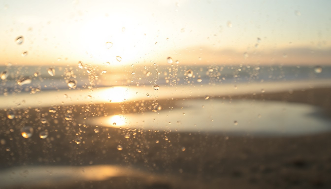 An impressionistic, out-of-focus photograph depicting a beachscape with soft, warm light and muted colors, conceptually representing the tranquil, treasure-hunting experience of sea glass hunting at Crescent Beach.