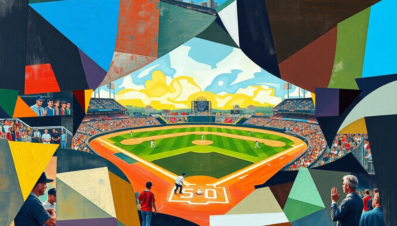 A cubist, geometric painting depicting a high school baseball game, with the players, field, and crowd broken down into abstract shapes and planes of color.