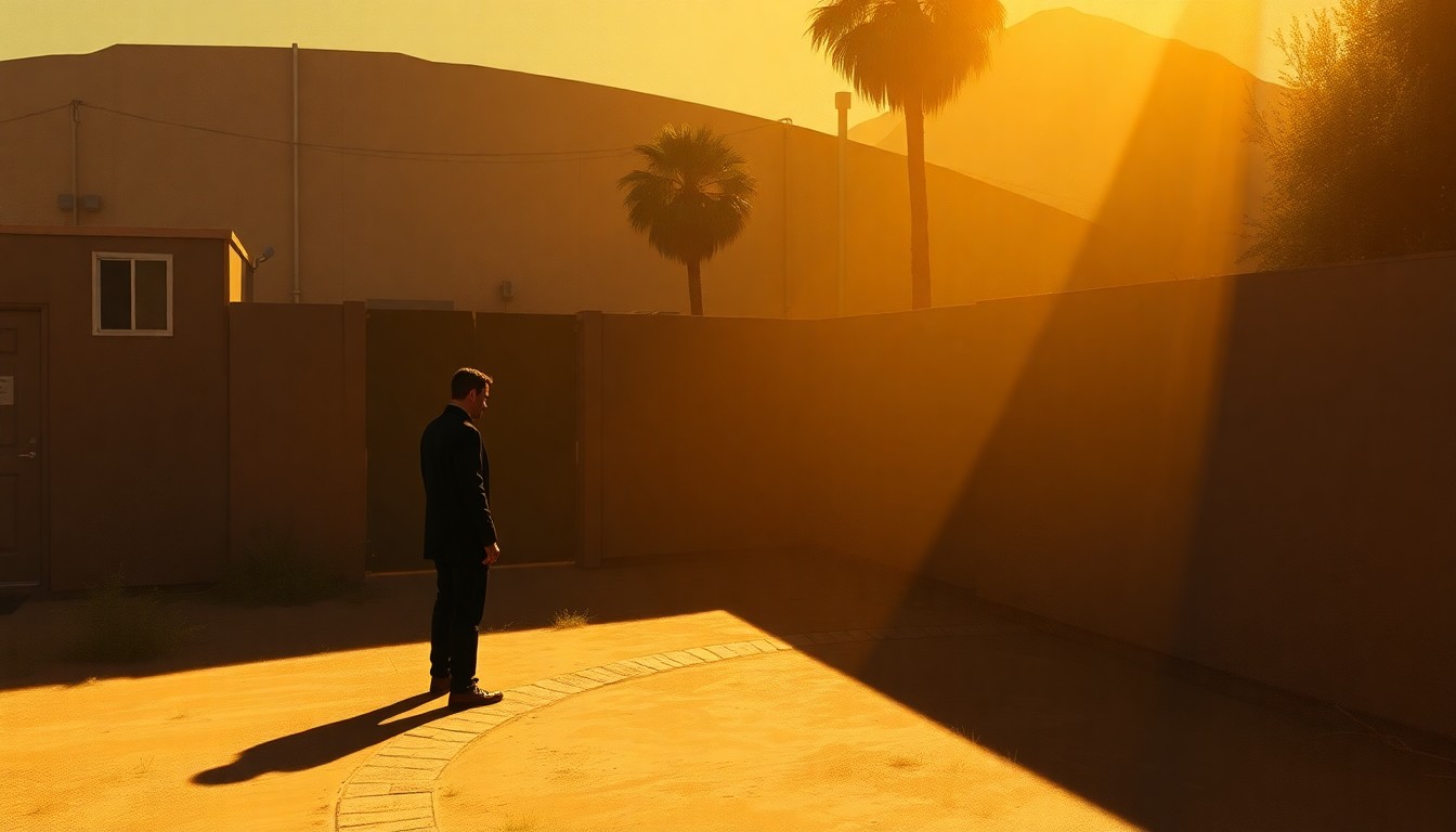 A cinematic painting of a solitary figure standing in the corner of a backyard area, the warm sunlight and deep shadows creating a contemplative, nostalgic mood around the scene.