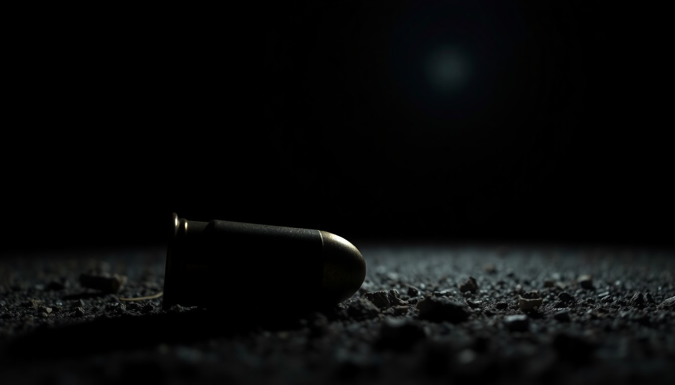 An extreme close-up photograph of a spent shell casing on the ground, lit by a harsh, direct camera flash against a pitch-black background, conveying the gritty, investigative nature of the crime scene.