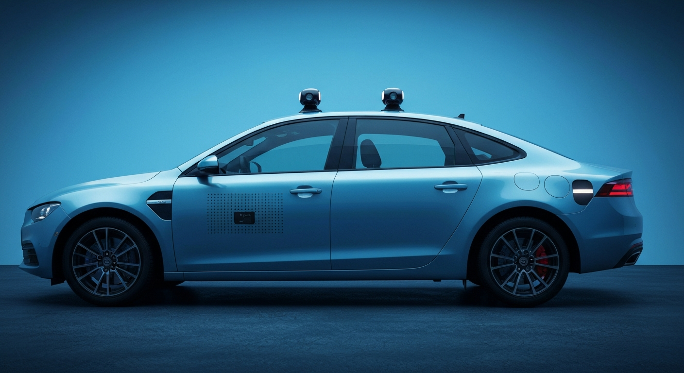 An extreme close-up of a shattered car sensor lens reflecting a faint red light, conceptually illustrating the vandalism of self-driving cars.