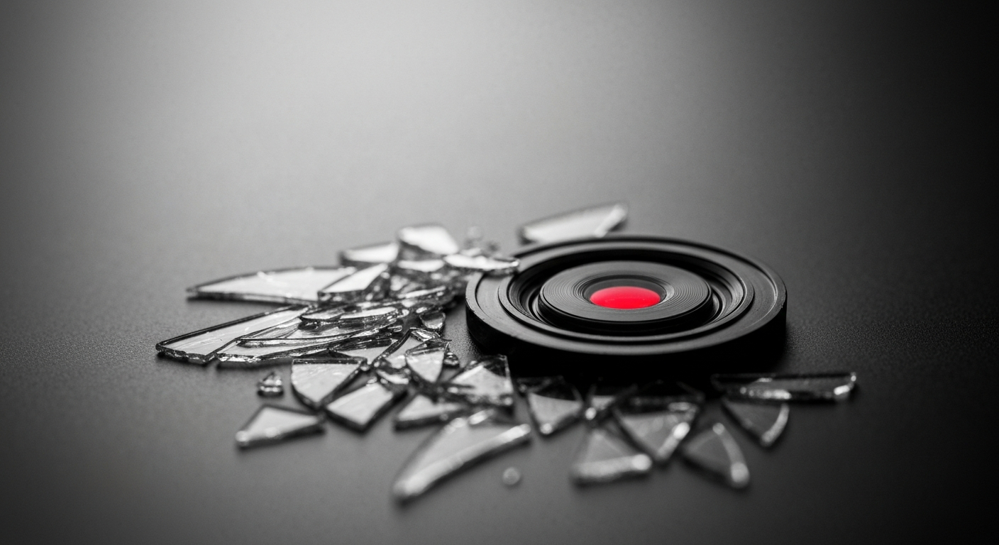 An extreme close-up of a shattered car sensor lens reflecting a faint red light, conceptually illustrating the vandalism of self-driving cars.