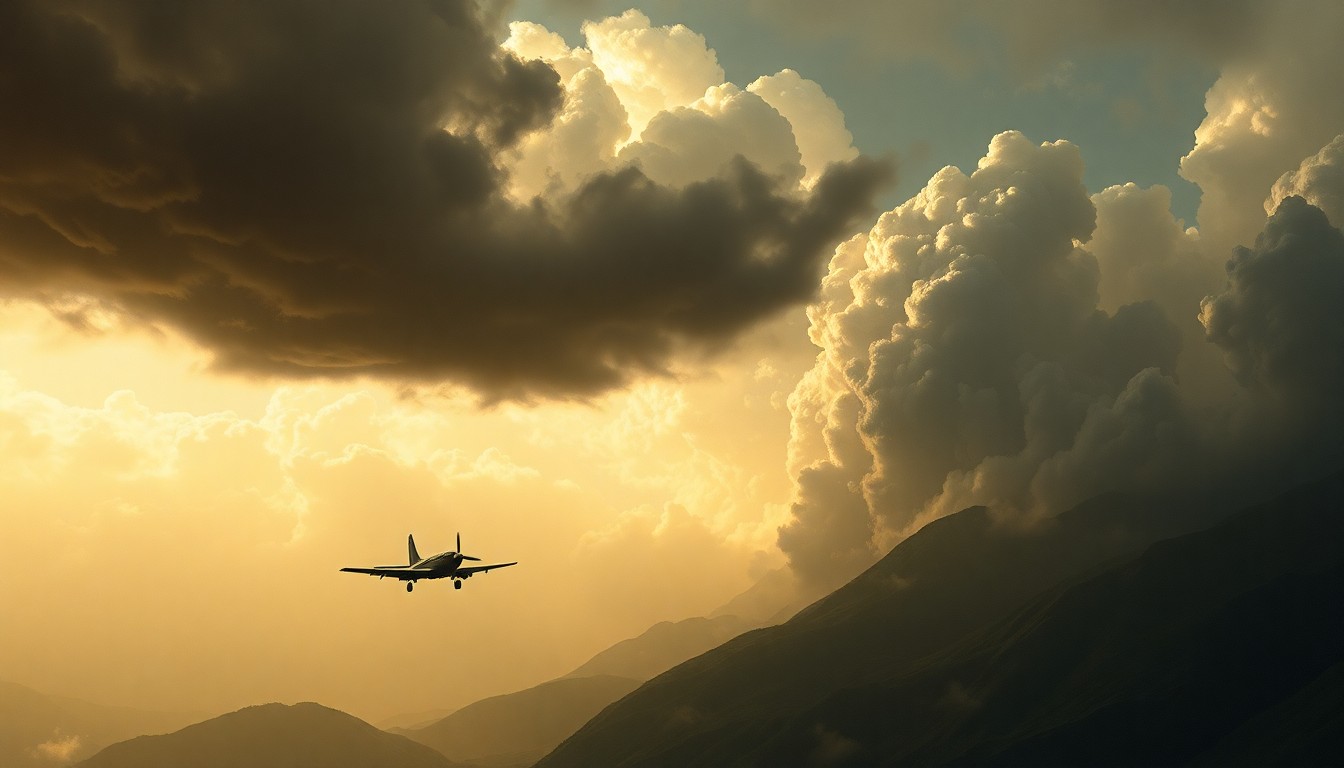 A sweeping, atmospheric landscape painting in muted tones, with a small plane silhouetted against a dramatic, stormy sky, conveying the vulnerability of the aircraft in the face of the overwhelming power of nature.