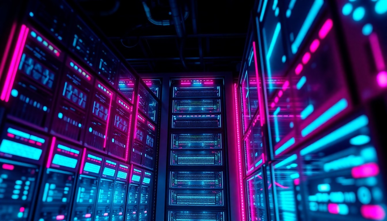 A highly detailed, glowing 3D illustration of a futuristic computer server rack, with neon cyan and magenta lights illuminating the intricate hardware components, conceptually representing the powerful digital infrastructure that enables enterprise software development.