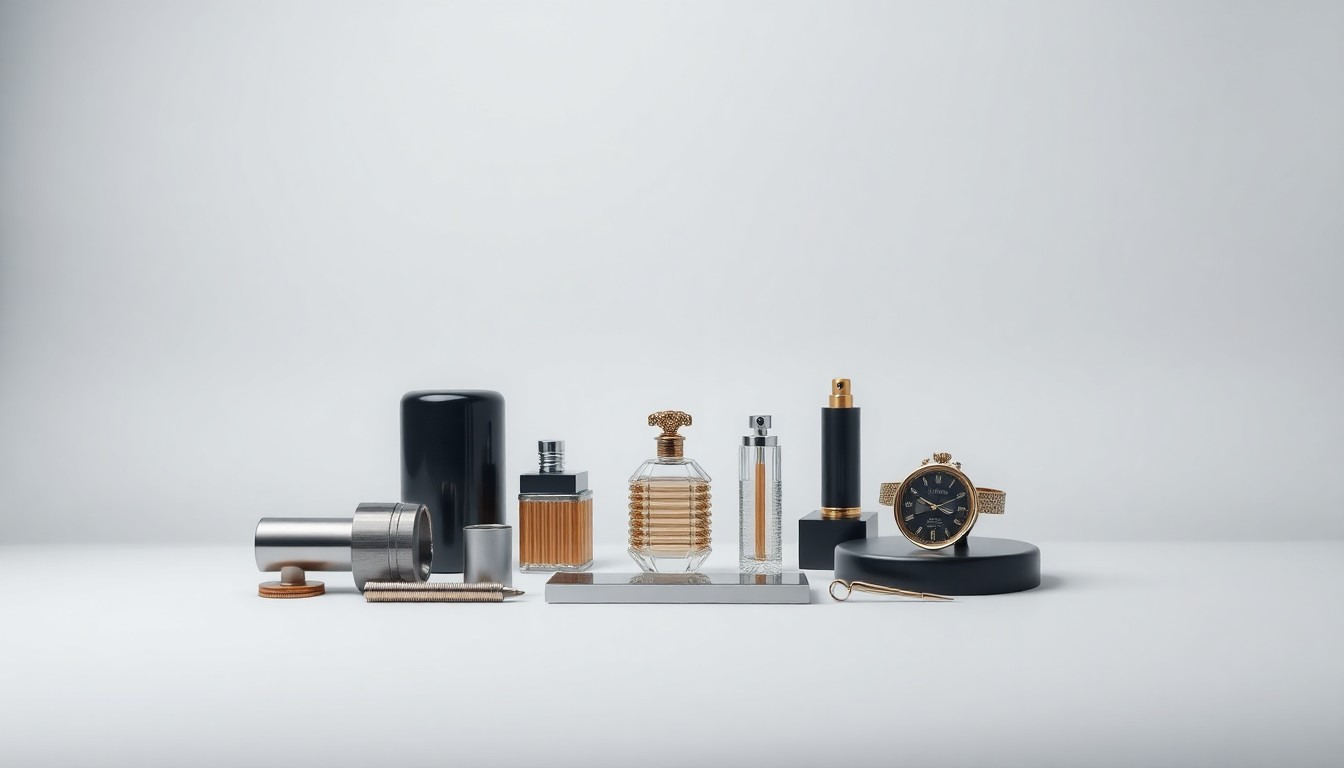 A minimalist, photorealistic studio still life featuring a collection of premium, polished objects arranged elegantly on a clean, monochromatic background, representing the abstract concepts of corporate strategy, finance, and risk management.