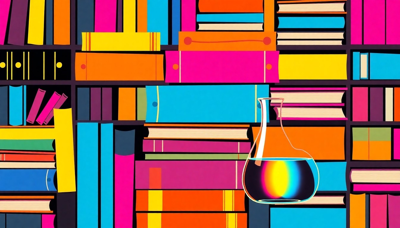 A brightly colored, high-contrast silkscreen print featuring a grid of academic books and a beaker, representing the diverse fields of study and research at Virginia Tech.