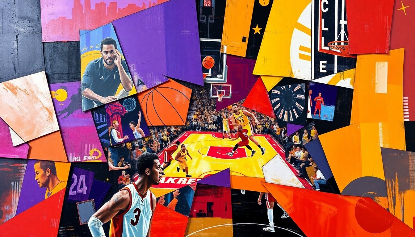 A fractured, multi-perspective painting in bold, clashing colors that depicts a basketball game between the Lakers and Rockets, with the players and court broken down into sharp, overlapping geometric shapes.