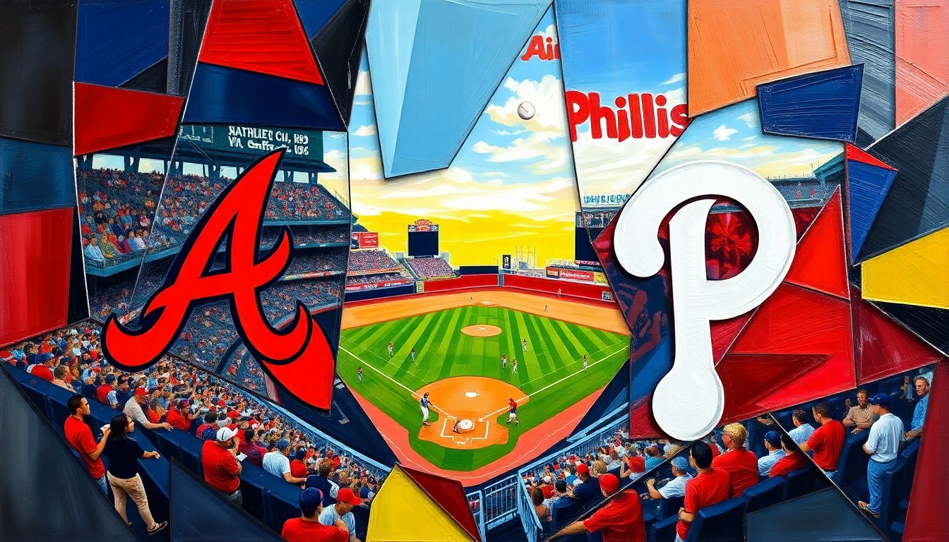 A cubist, geometric painting depicting a baseball game between the Atlanta Braves and Philadelphia Phillies, with the players and field broken down into sharp, overlapping planes of color in the Braves' navy blue and red, and the Phillies' red and white.
