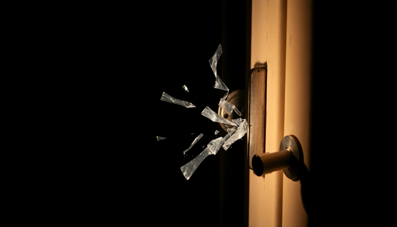 An extreme close-up photograph of a broken window lock or other physical evidence of a home invasion, lit by a harsh, direct camera flash against a pitch-black background, creating a stark, gritty, investigative aesthetic.