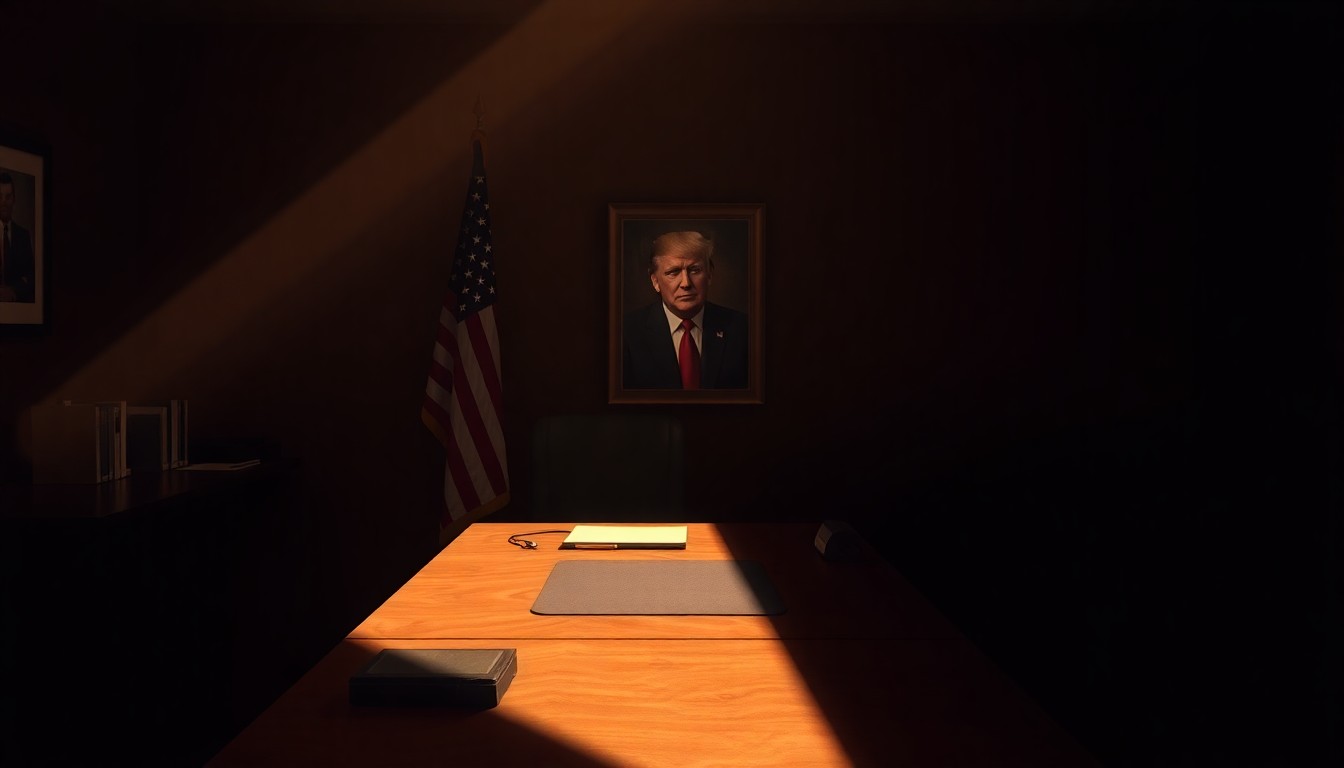 A moody, cinematic painting of a dimly lit office desk with an American flag and a framed portrait, conceptually representing the political tensions between the U.S., Israel, and Europe.