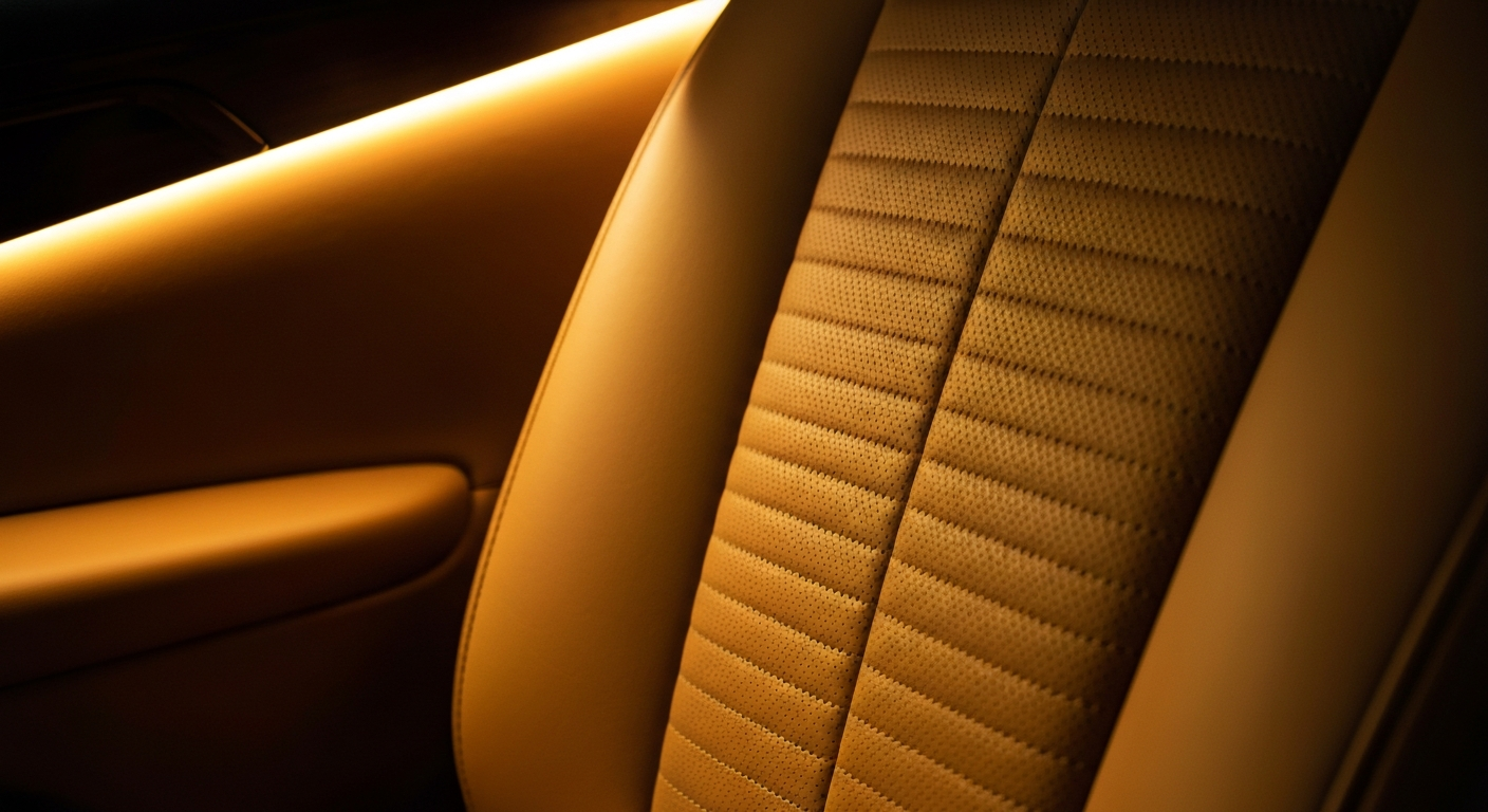 An extreme close-up of the pebbled leather texture of a car seat, showcasing the intricate patterns and warm, earthy tones that make up the interior of a vehicle.