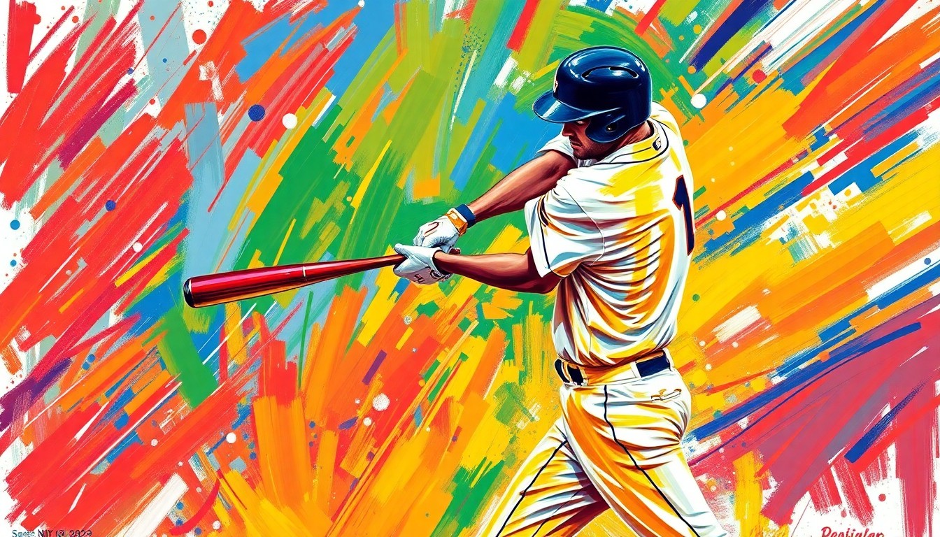 A dynamic, colorful painting with bold, energetic brushstrokes depicting the powerful swing and follow-through of a baseball player hitting a home run, capturing the raw athleticism and excitement of the moment.