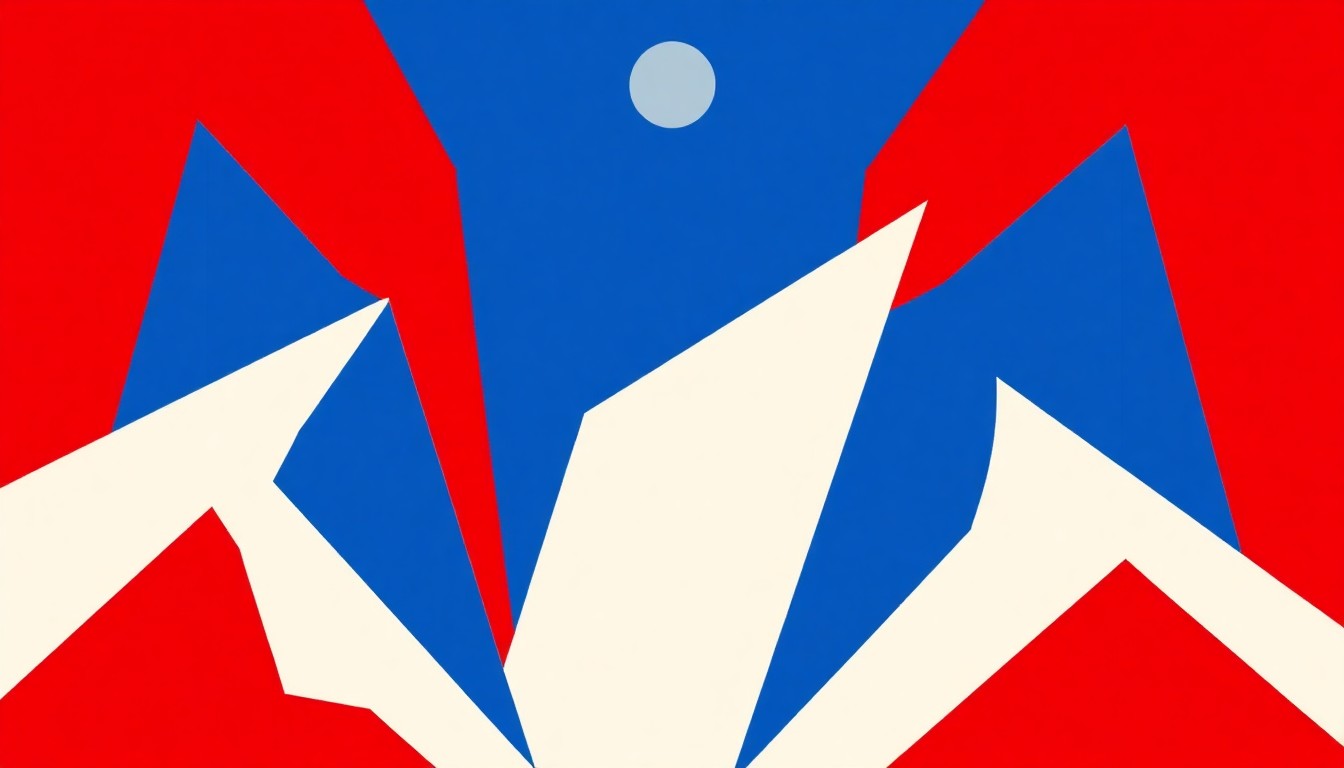 An abstract, minimalist illustration featuring bold, geometric shapes in the colors of the Philippine flag, conceptually representing the Filipino pop group BINI's historic performance at the Coachella music festival.