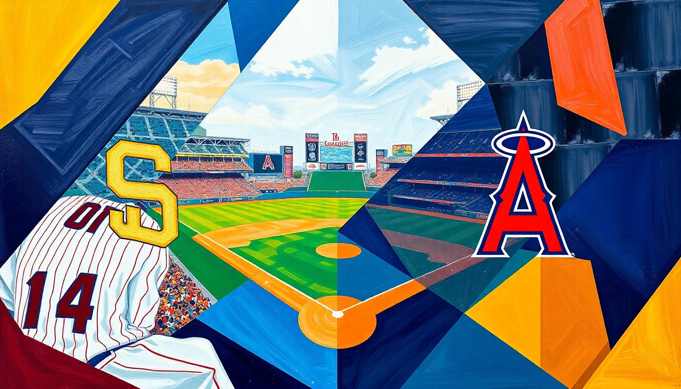 A fragmented, geometric painting in bold colors depicting various baseball players and actions, representing the competitive clash between the Padres and Angels.
