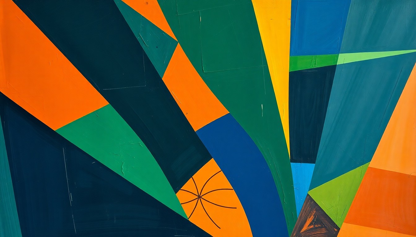 A cubist, geometric painting depicting fragmented, overlapping shapes and planes in navy, green, and orange, representing the dynamic action of a college basketball game.