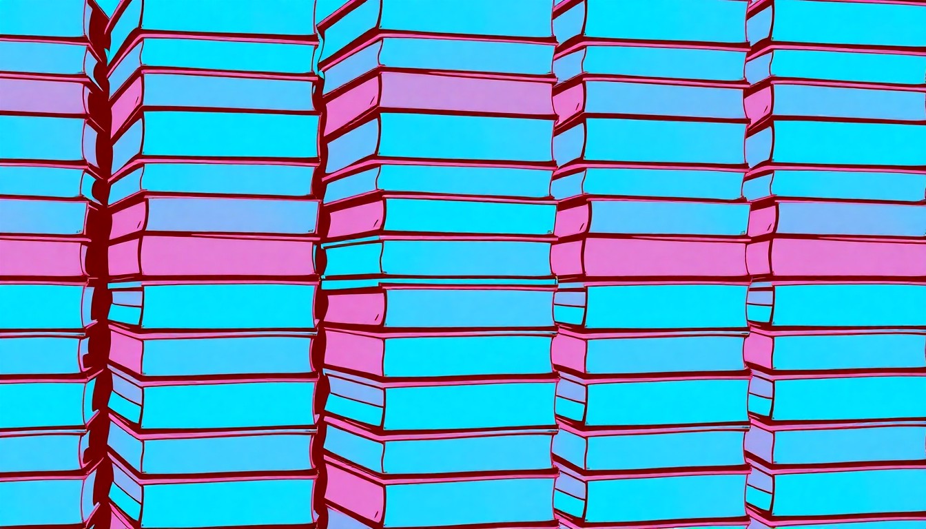 A grid of brightly colored, high-contrast silkscreen images of stacked textbooks in shades of blue, conceptually representing the academic focus of Ennis ISD's efforts to improve educational outcomes.