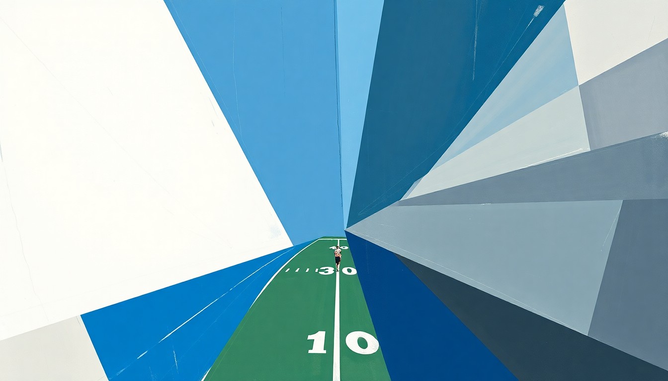 A cubist, geometric painting featuring overlapping planes of blue and gray, representing the Rice Owls football team and their upcoming opponents, conveying the strategic challenges and opportunities of the new season.