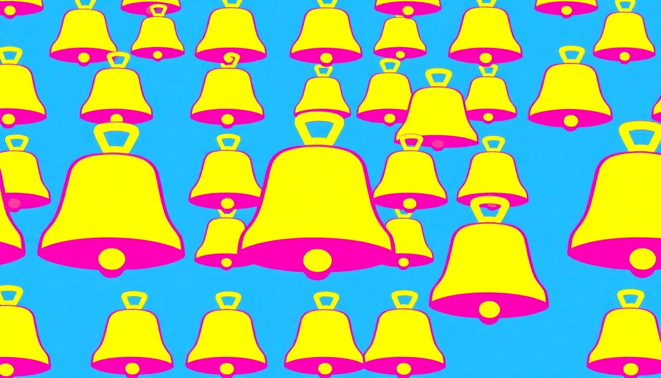 A boldly colored, abstract grid of stylized school bell icons in neon shades of blue, pink, and yellow, conveying the energy and change of a school district leadership transition.